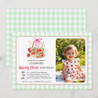 Aardbeien en geruite stof Eerste verjaardag Berry  Kaart