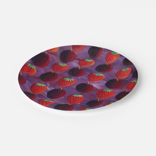 Aardbeien en pruimen rood fruit papieren bordje (Gekanteld)