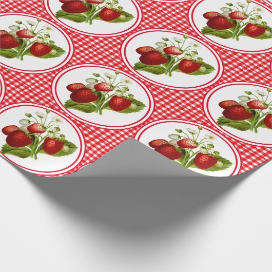 Aardbeien en Rode Gingham Cadeaupapier (Hoek)