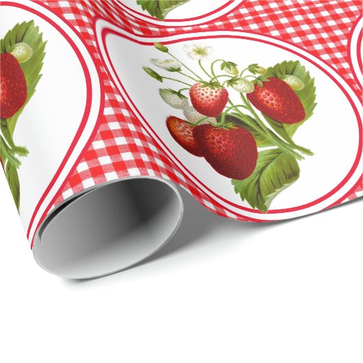 Aardbeien en Rode Gingham Cadeaupapier (Rol Hoek)