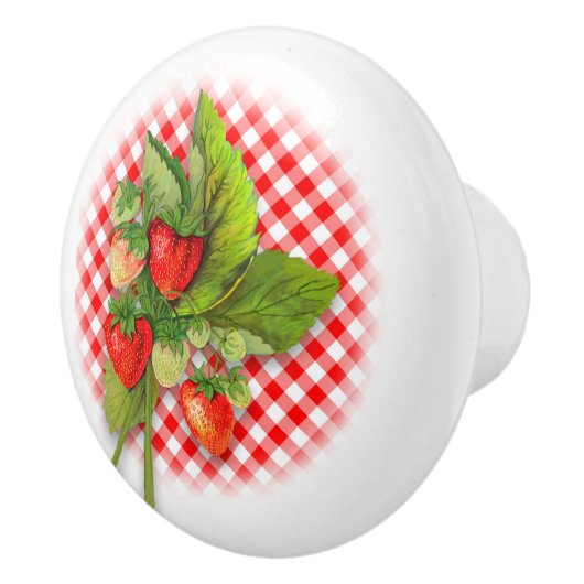 Aardbeien en Rode Gingham Keramische Knop (Rechts)