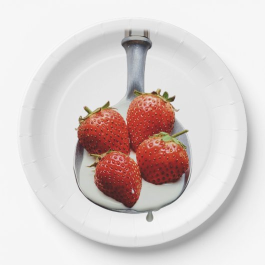 Aardbeien en room. papieren bordje (Voorkant)