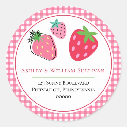 Aardbeien en Roze cheques Retouradres Ronde Sticker (Voorkant)
