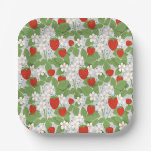 Aardbeien en roze en witte bloemen papieren bordje