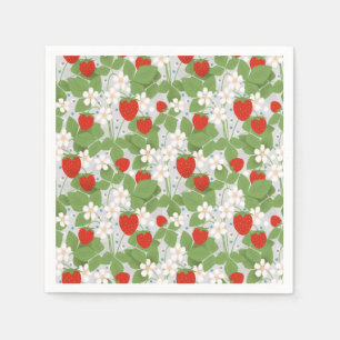 Aardbeien en roze en witte bloemen servet