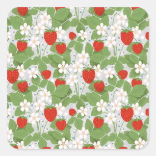 Aardbeien en roze en witte bloemen vierkante sticker