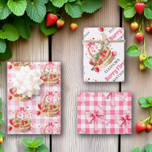 Aardbeien en roze strik Berry Eerste Verjaardag Inpakpapier Vel