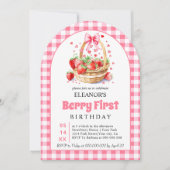 Aardbeien en roze strik Berry Eerste Verjaardag Kaart (Voorkant)