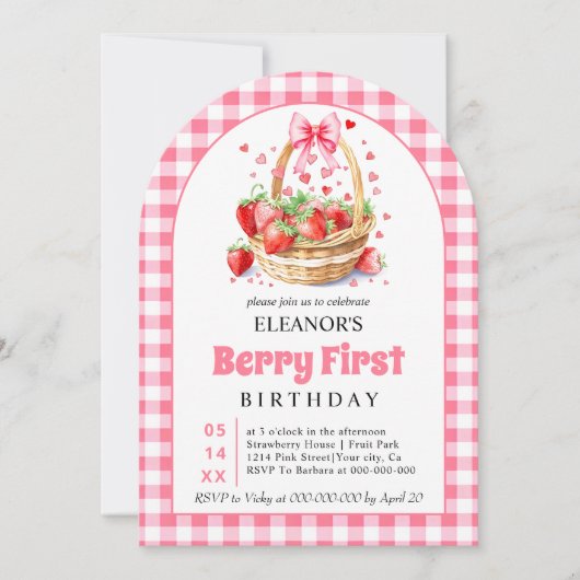 Aardbeien en roze strik Berry Eerste Verjaardag Kaart (Voorkant)