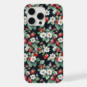 Aardbeien en Vlinders Zwart iPhone 15 Pro Max Case