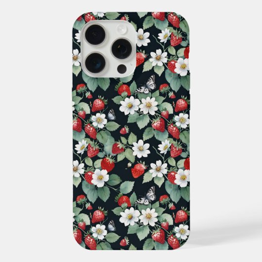 Aardbeien en Vlinders Zwart iPhone Hoesje (Achterkant)