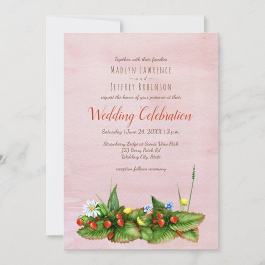 Aardbeien en weidebloemen: een bruine bruiloft kaart (Voorkant)