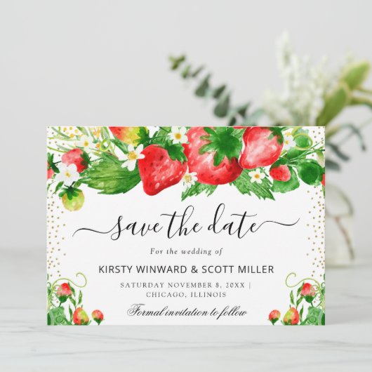 Aardbeien en Zomerbloemen Bruiloft Save The Date (Staand voorkant)