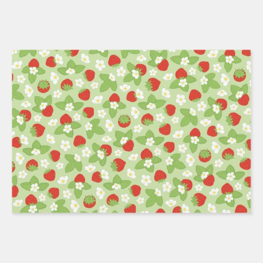 aardbeien Floral Red Green Pattern Inpakpapier Vel (Voorkant 2)