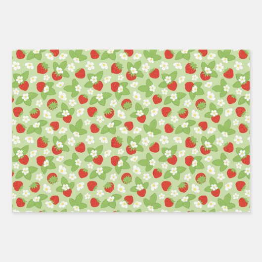 aardbeien Floral Red Green Pattern Inpakpapier Vel (Voorkant)