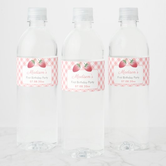Aardbeien Gingham Check Picnic Birthday Party Waterfles Etiket (Flessen)