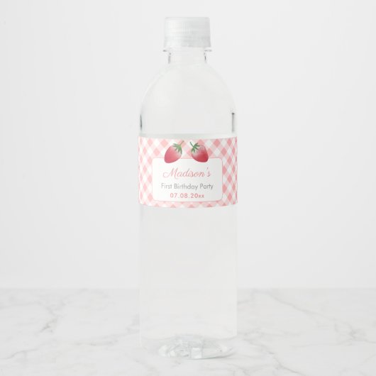Aardbeien Gingham Check Picnic Birthday Party Waterfles Etiket (Voorkant)
