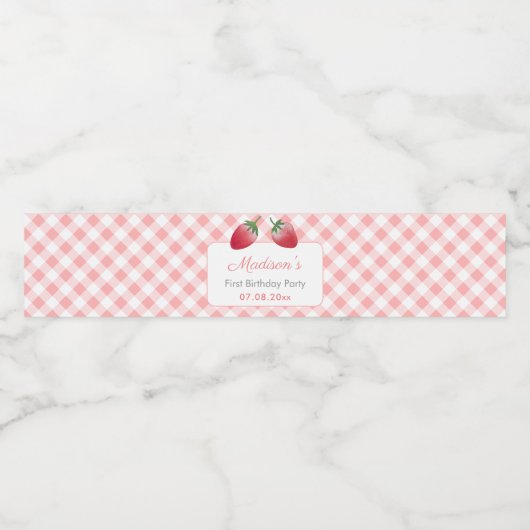 Aardbeien Gingham Check Picnic Birthday Party Waterfles Etiket (Enkel label)
