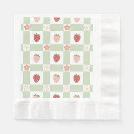 Aardbeien Gingham Eerste Verjaardag Munt Rand Servet