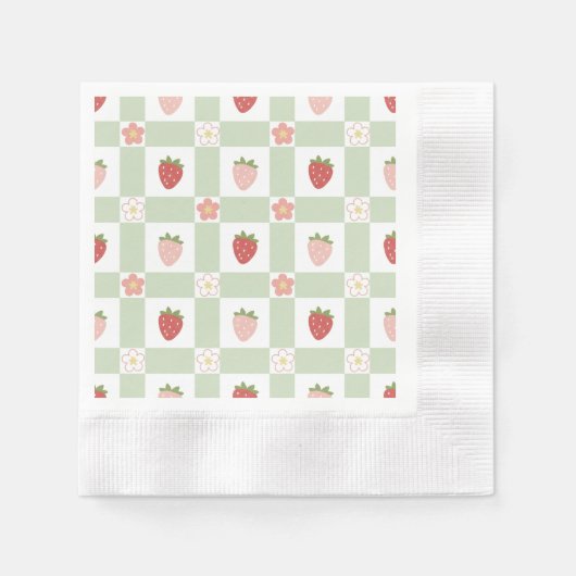Aardbeien Gingham Eerste Verjaardag Servet (Voorkant)