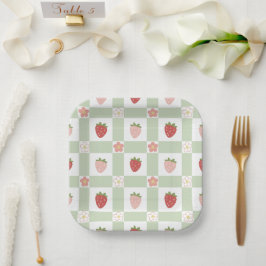 Aardbeien Gingham Eerste Verjaardag Vierkant Papieren Bordje