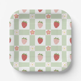 Aardbeien Gingham Eerste Verjaardag Vierkant Papieren Bordje