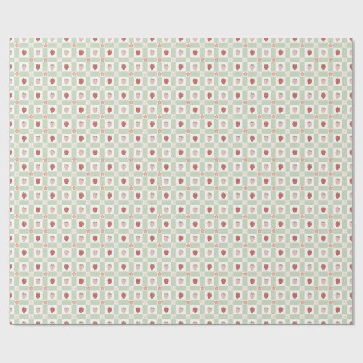 Aardbeien Gingham Pastelgroene 1e Verjaardag Cadeaupapier (Vlak)