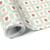 Aardbeien Gingham Pastelgroene 1e Verjaardag Cadeaupapier (Rol Hoek)