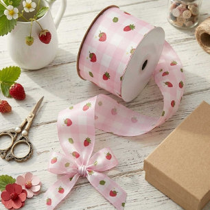 Aardbeien Gingham Roze Bes Zoet Lief Pastel Satijnen Lint