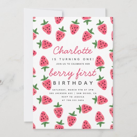 Aardbeien Girl Berry First Birthday Party Modern Kaart (Voorkant)