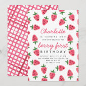 Aardbeien Girl Berry First Birthday Party Modern Kaart (Voorkant / Achterkant)