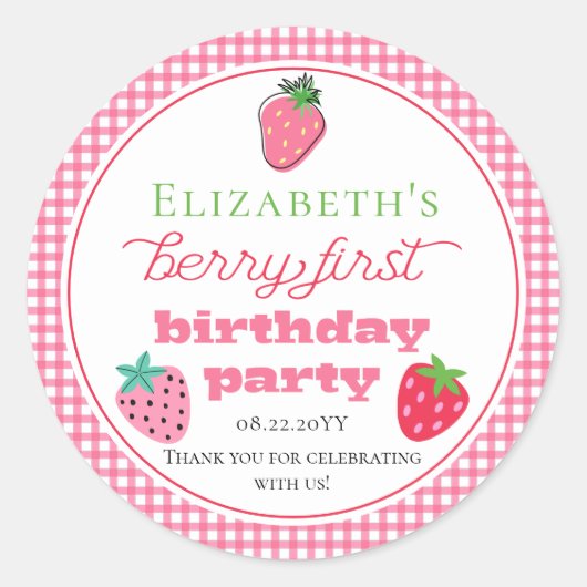 Aardbeien Girl's Berry First Birthday Party Ronde Sticker (Voorkant)