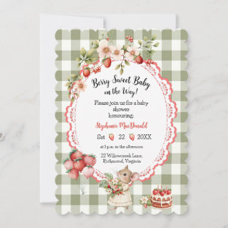 Aardbeien groene Gingham babyshower uitnodiging