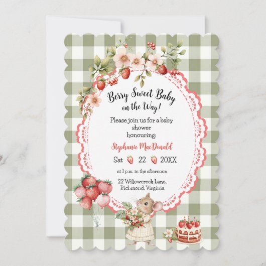 Aardbeien groene Gingham babyshower uitnodiging (Voorkant)