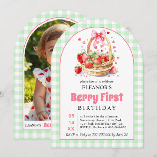 Aardbeien groene gingham Bes eerste verjaardag Kaart