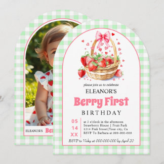 Aardbeien groene gingham Bes eerste verjaardag Kaart