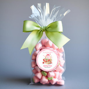 Aardbeien harten, roze strik Aardbei Eerste Verjaa Ronde Sticker
