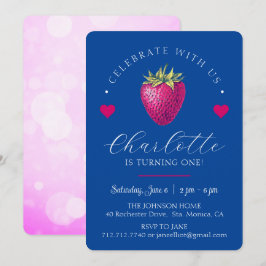 Aardbeien Hartjes Verjaardagsmeisje Donkerblauw Bedankkaart