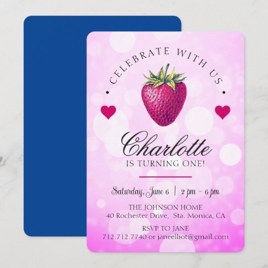 Aardbeien Hartjes Verjaardagsmeisje Roze Bedankkaart (Voorkant / Achterkant)