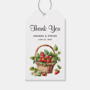 Aardbeien in een rieten mand bruiloft dank u cadeaulabel