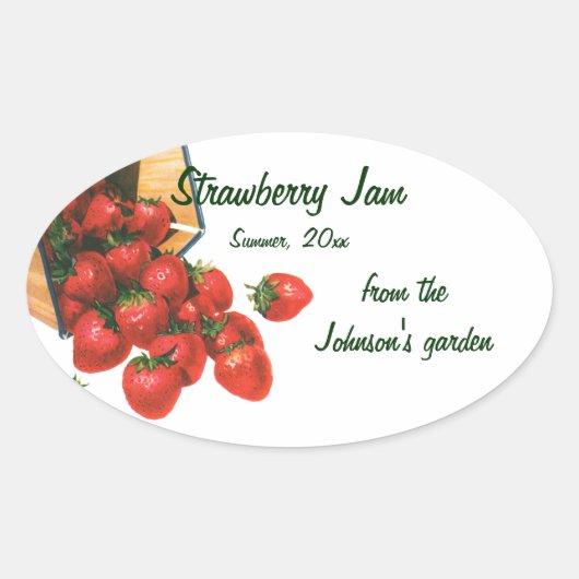 aardbeien in mandje, fruitbessen ovale sticker (Voorkant)