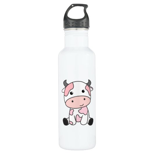 Aardbeien Koe Cute Pink Strawberry Koe Kawaii Waterfles (Voorkant)