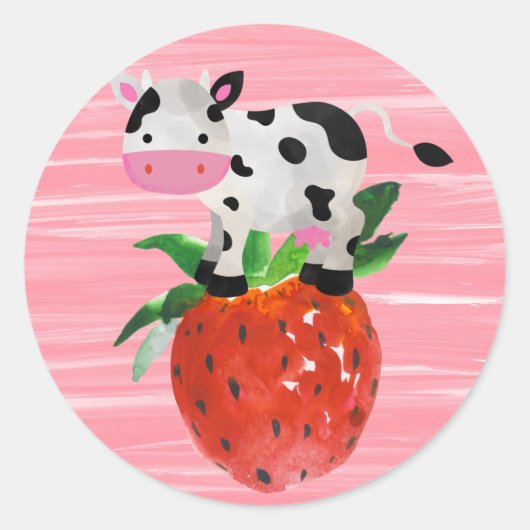 Aardbeien Koe Cute Waterverf Ronde Sticker (Voorkant)