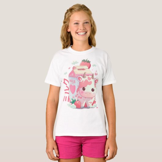 Aardbeien Koe Doos kartonnen doos Kawaii Japans T-shirt (Voorkant volledig)