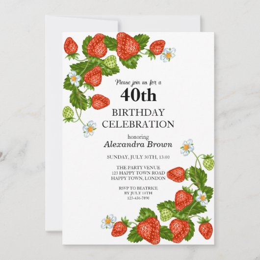 Aardbeien Lijst 40e Verjaardag Fotofeestje Kaart (Voorkant)