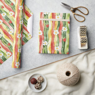 Aardbeien Madeliefjes Rood Groen Geel Verjaardag Cadeaupapier