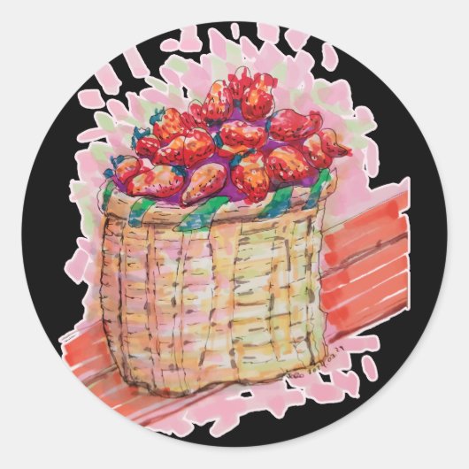 Aardbeien mand kleurrijk ronde sticker (Voorkant)