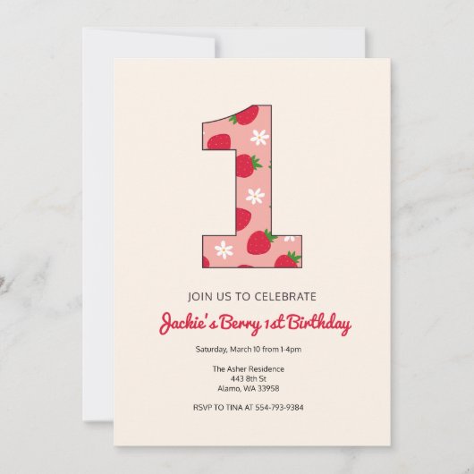 Aardbeien Meisjes 1e Verjaardag Feest Uitnodiging (Voorkant)