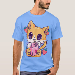 Aardbeien melk Kat Cute Kawaii Kitten Anime Neko T-shirt