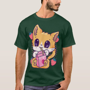 Aardbeien melk Kat Cute Kawaii Kitten Anime Neko T-shirt